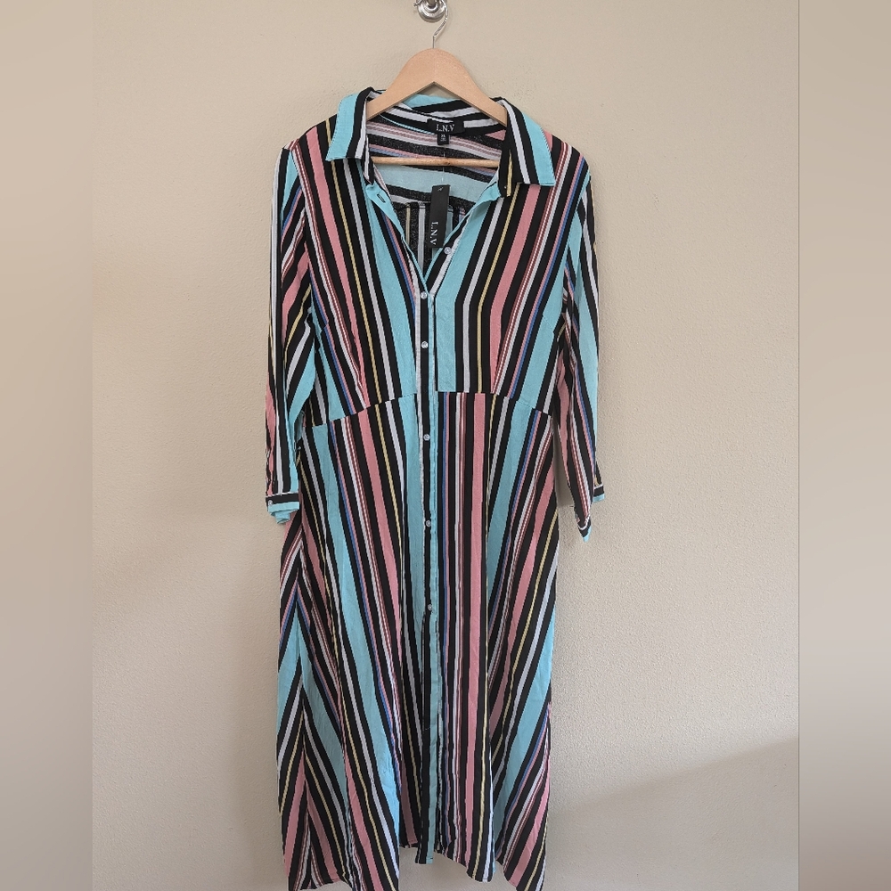 L.N.V NWT Striped Maxi Shirt Dress Womens XL Multicolor‎ Button Front